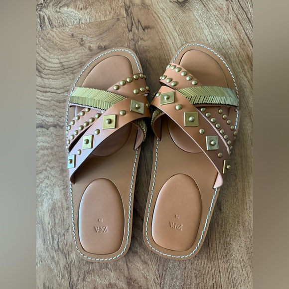 NWOT Zara Tan and Gold LEATHER Sandals with Perforated Strap - Picture 3 of 5